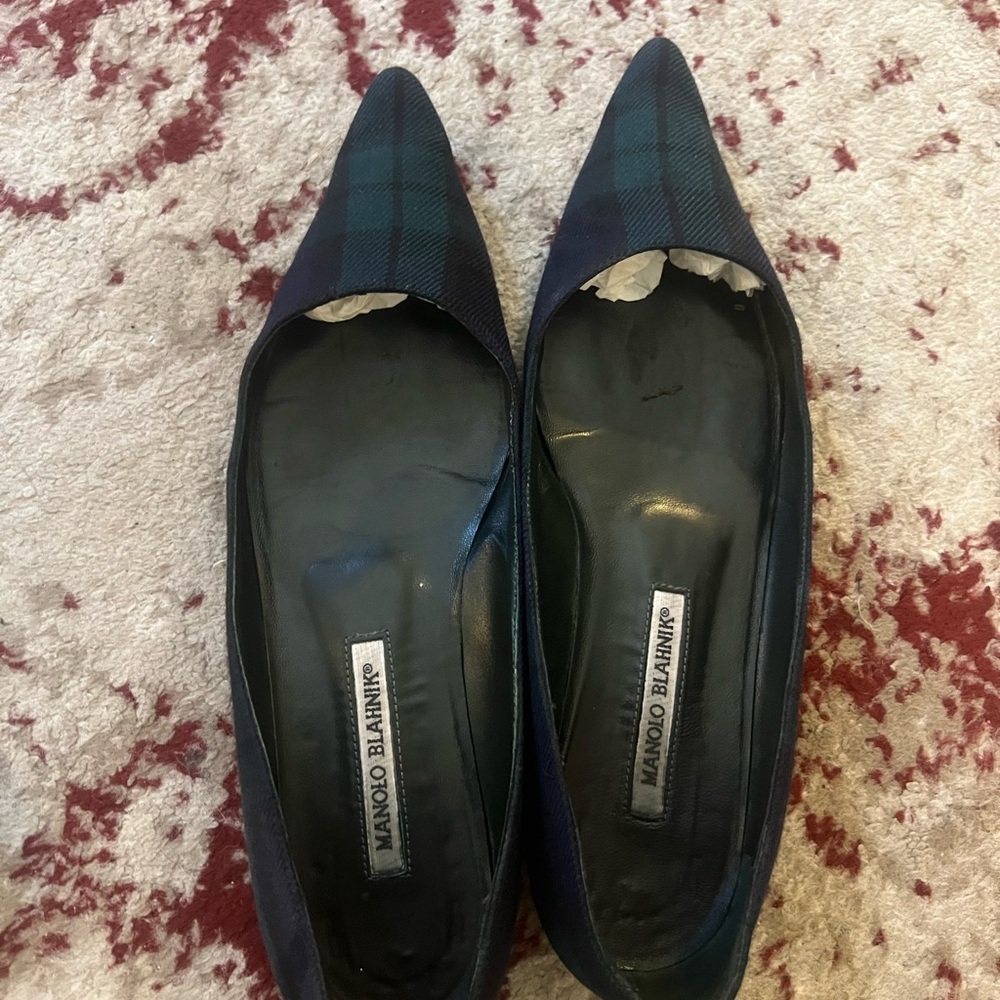 Manolo Blahnik Tartan Flats - Black and Green